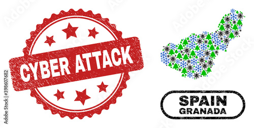 Vector Covid-2019 winter collage Granada Province map and Cyber Attack grunge stamp seal. Cyber Attack stamp seal uses rosette shape and red color.