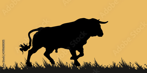  isolated black silhouette of an running bull, grass, elements for design and decoration