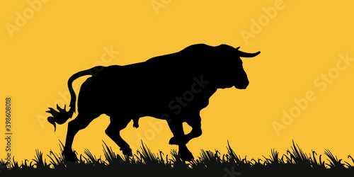  isolated black silhouette of an  running bull, grass, elements for design and decoration
