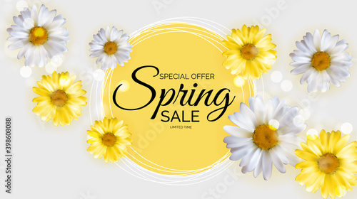 Promotion offer, card for spring sale season with spring plants, leaves and flowers decoration. Vector Illustration EPS10