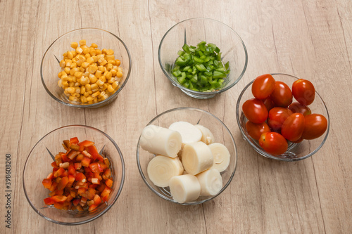 Fresh and natural products ready to make a delicious Palmitos salad. Natural and healthy food concept.