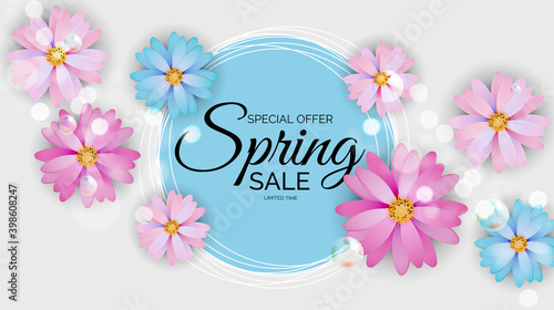 Promotion offer, card for spring sale season with spring plants, leaves and flowers decoration. Vector Illustration EPS10