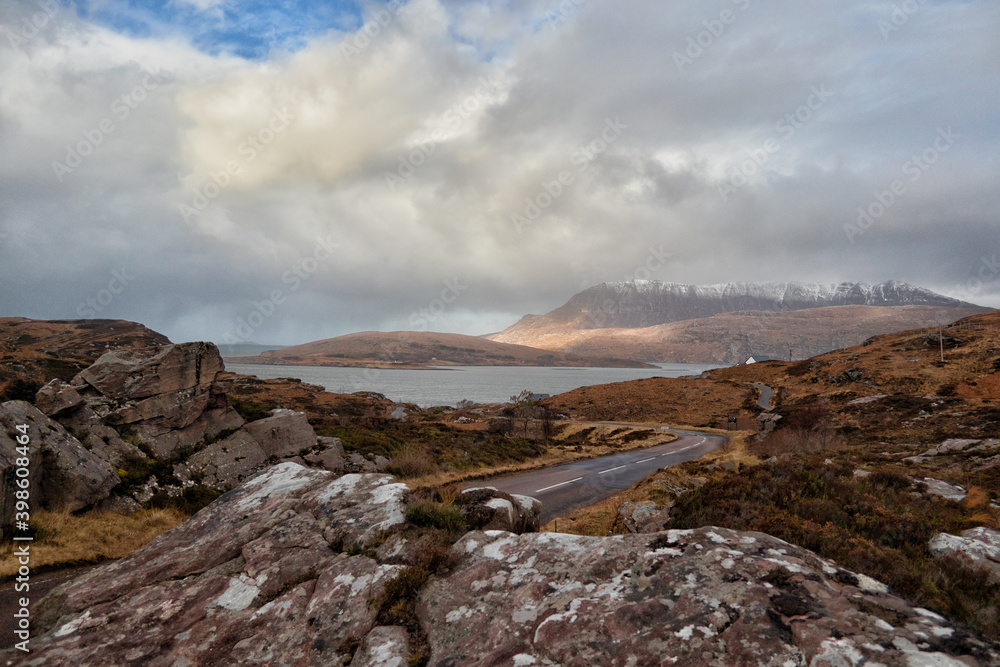 a Scotland road under a cloudy sky