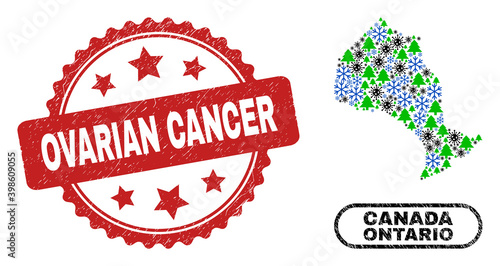 Vector pandemic winter mosaic Ontario Province map and Ovarian Cancer corroded stamp imitation. Ovarian Cancer stamp seal uses rosette shape and red color.