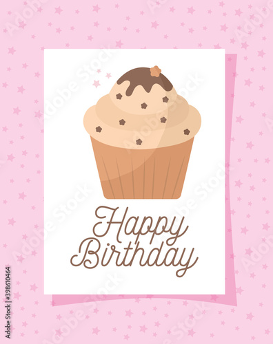cupcake card with happy birthday lettering on a pink background