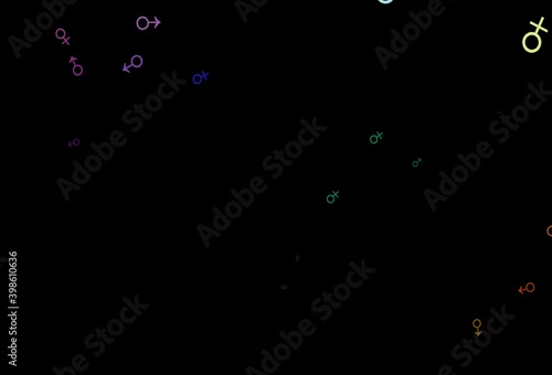 Dark multicolor, rainbow vector background with gender symbols.