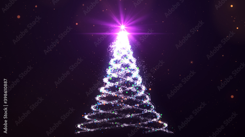 Merry Christmas, Happy Holidays Card - Christmas Tree Shape Made from Bright Spiralling Light on a Dark Background. illustration. Merry Christmas, Happy Holidays Card - Christmas Tree Shape Made from Bright Spiralling Light on a Dark Background. illustration.