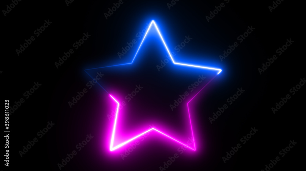 Obraz premium Neon star frame or neon lights sign. Geometric glow outline star shape, laser glowing lines. Abstract background with space for your text. Illustration
