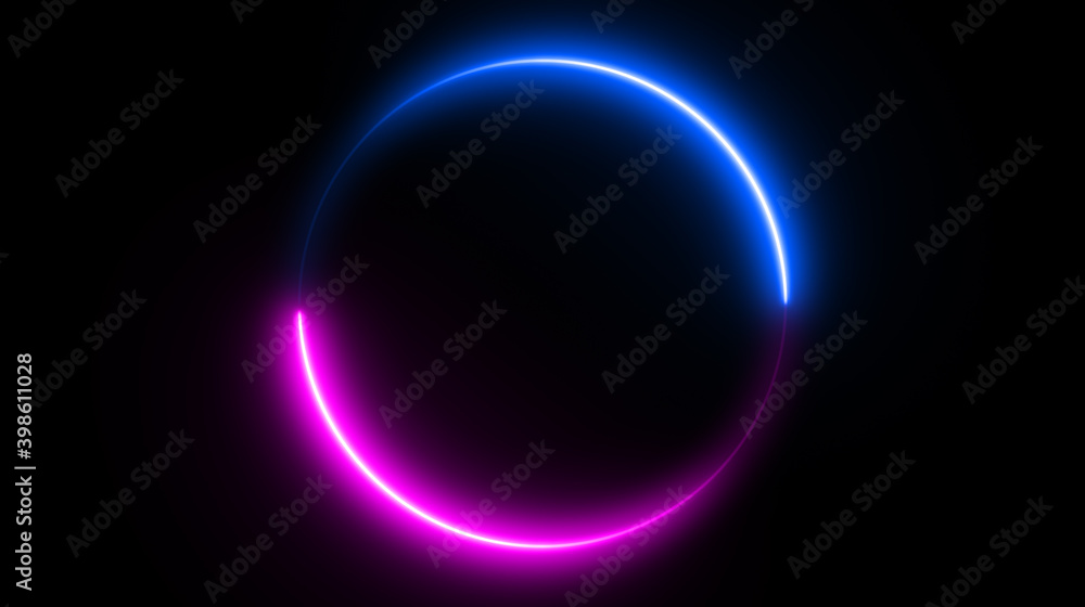 Neon circle shape or laser glowing pink and blue lines. Retrowave style wallpaper with copyspace. illustration of realistic mockup, template for game design, night club logo. Neon circle shape or laser glowing pink and blue lines. Retrowave style wallpaper with copyspace. illustration of realistic mockup, template for game design, night club logo.