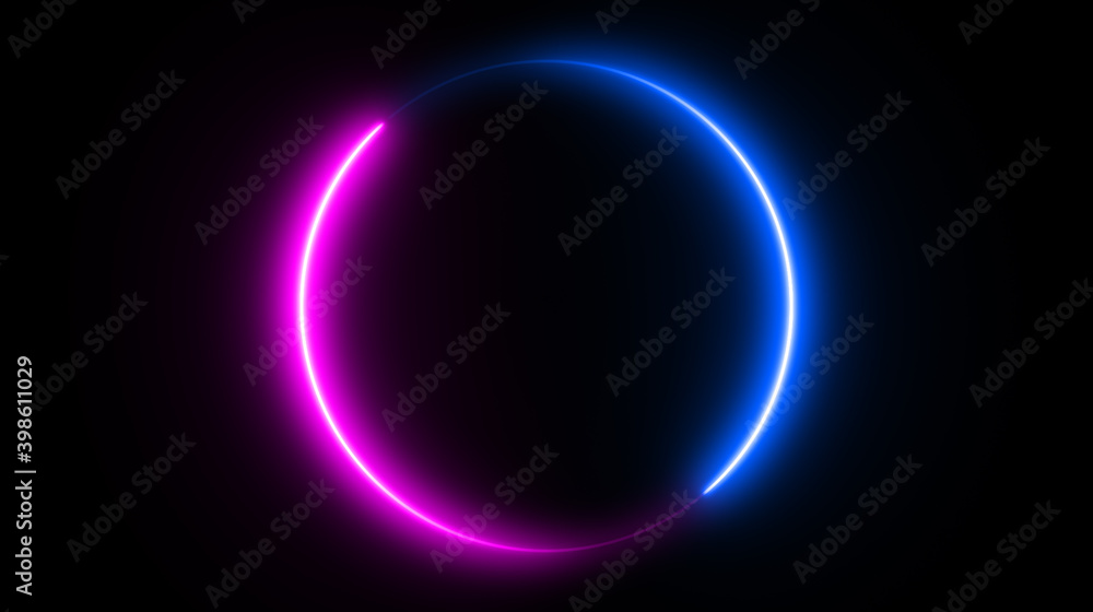 Neon circle shape or laser glowing pink and blue lines. Retrowave style wallpaper with copyspace. illustration of realistic mockup, template for game design, night club logo. Neon circle shape or laser glowing pink and blue lines. Retrowave style wallpaper with copyspace. illustration of realistic mockup, template for game design, night club logo.