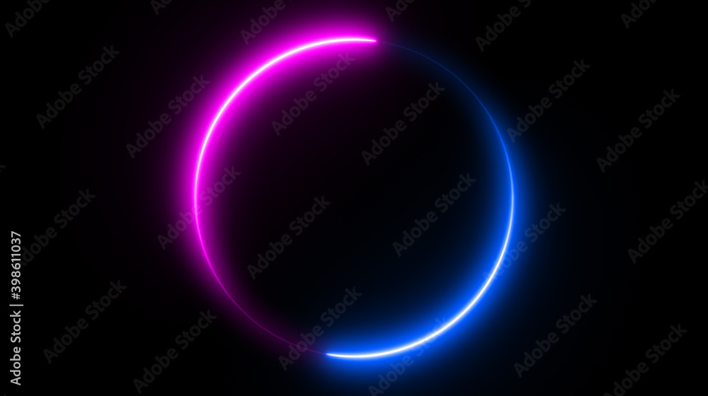 Neon circle shape or laser glowing pink and blue lines. Retrowave style wallpaper with copyspace. illustration of realistic mockup, template for game design, night club logo. Neon circle shape or laser glowing pink and blue lines. Retrowave style wallpaper with copyspace. illustration of realistic mockup, template for game design, night club logo.
