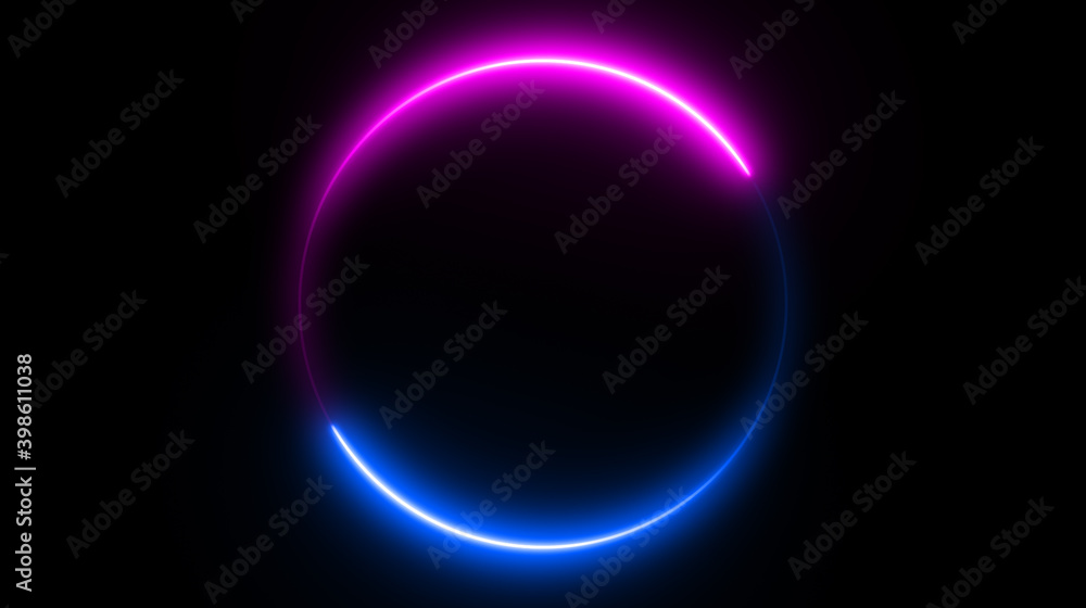 Neon circle shape or laser glowing pink and blue lines.  Retrowave style wallpaper with copyspace.  illustration of realistic mockup, template for game design, night club logo.