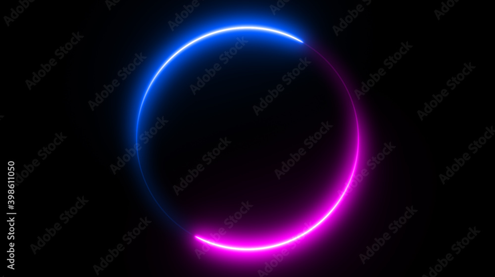 Neon circle shape or laser glowing pink and blue lines.  Retrowave style wallpaper with copyspace.  illustration of realistic mockup, template for game design, night club logo.