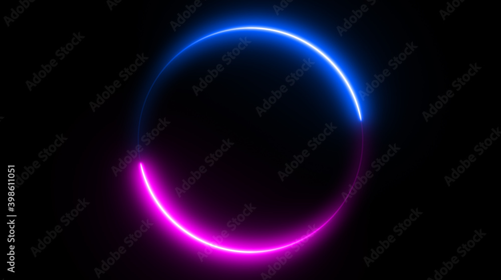Neon circle shape or laser glowing pink and blue lines.  Retrowave style wallpaper with copyspace.  illustration of realistic mockup, template for game design, night club logo.