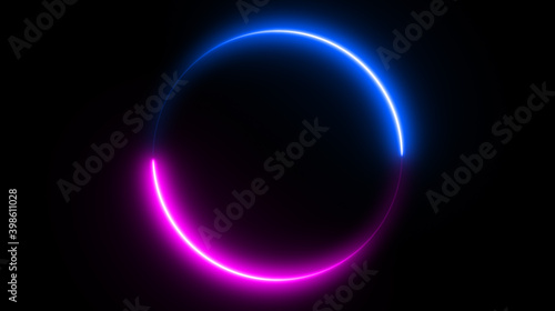 Neon circle shape or laser glowing pink and blue lines.  Retrowave style wallpaper with copyspace.  illustration of realistic mockup  template for game design  night club logo.