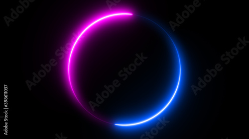 Neon circle shape or laser glowing pink and blue lines. Retrowave style wallpaper with copyspace. illustration of realistic mockup, template for game design, night club logo.