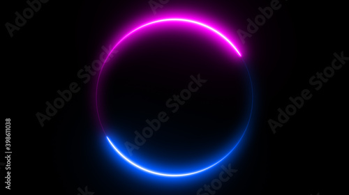 Neon circle shape or laser glowing pink and blue lines. Retrowave style wallpaper with copyspace. illustration of realistic mockup, template for game design, night club logo.