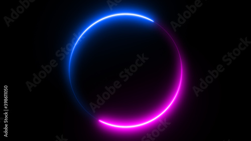 Neon circle shape or laser glowing pink and blue lines. Retrowave style wallpaper with copyspace. illustration of realistic mockup, template for game design, night club logo.