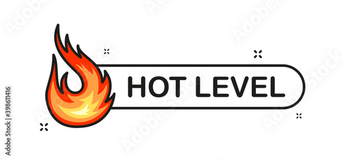 Hot level chili pepper. Fire label in flat style on white background. Vector illustration.