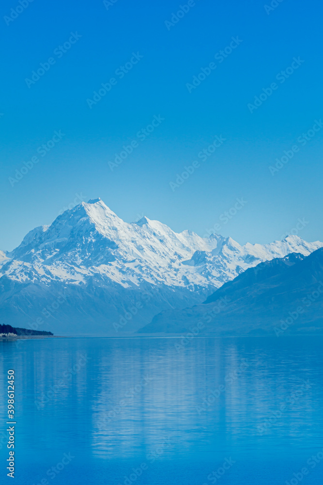 Majestic Mount Cook in Southern Alps across Lake Ruataniwha at sunrise.