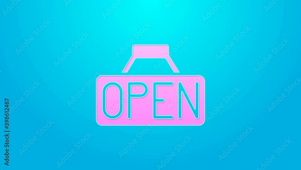 Pink line Hanging sign with text Open door icon isolated on blue background. 4K Video motion graphic animation Pink line Hanging sign with text Open door icon isolated on blue background. 4K Video motion graphic animation