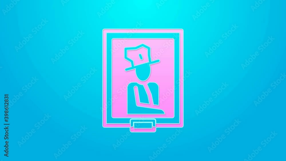 Pink line Portrait picture in museum icon isolated on blue background. 4K Video motion graphic animation Pink line Portrait picture in museum icon isolated on blue background. 4K Video motion graphic animation