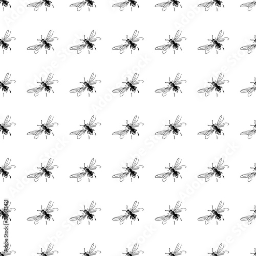Simple seamless pattern of freehand sketch of flying bees, drawn and digitized, in black and white. Vector illustration for fashion, package design, wallpaper, textile, fabric, wrapping paper. © Svetlana Moskaleva