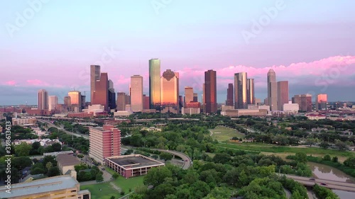 Houston, May 29th , 2020. 
Aerial shot for Houston downtown skyline at sunset . photo