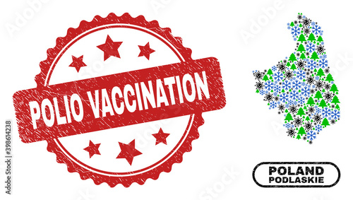 Vector pandemic winter mosaic Podlaskie Voivodeship map and Polio Vaccination dirty stamp. Polio Vaccination imprint uses rosette shape and red color.