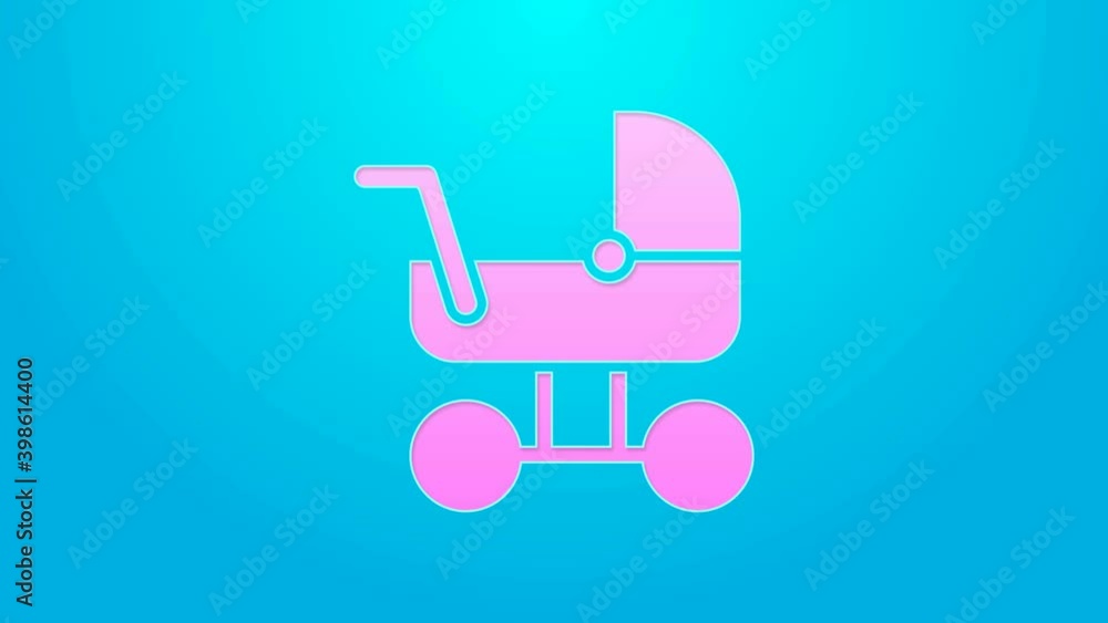 Pink line Baby stroller icon isolated on blue background. Baby carriage, buggy, pram, stroller, wheel. 4K Video motion graphic animation Pink line Baby stroller icon isolated on blue background. Baby carriage, buggy, pram, stroller, wheel. 4K Video motion graphic animation