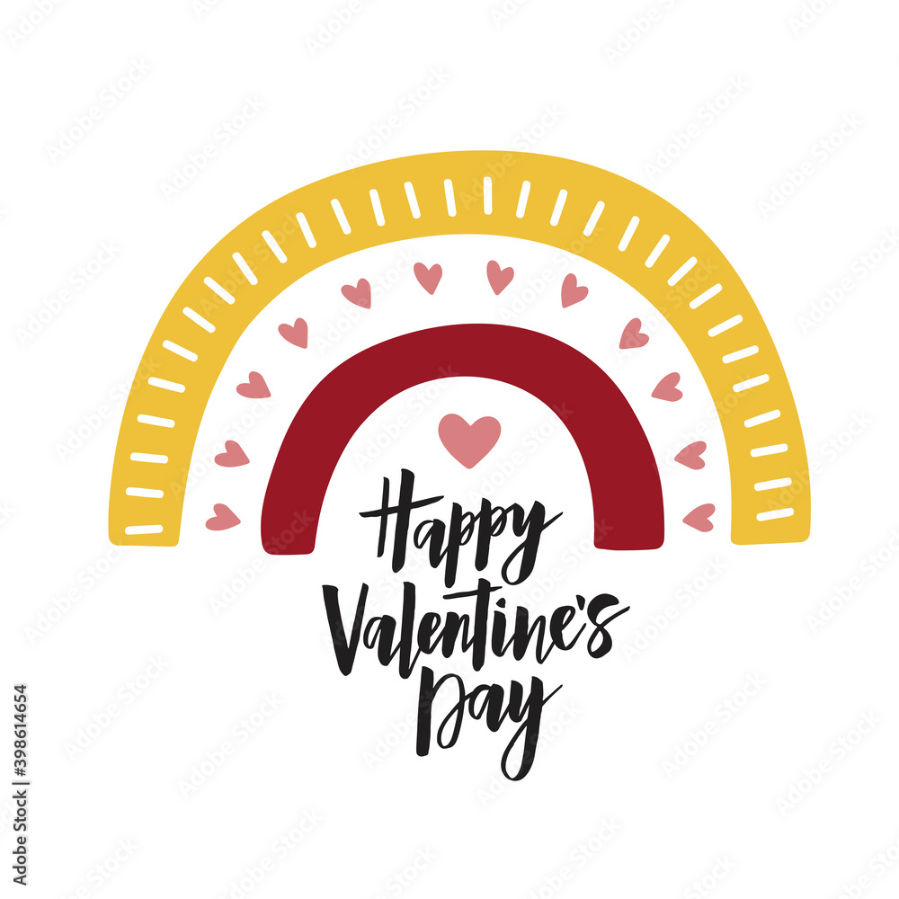 Valentines Day greeting card. Happy Valentine's day lettering. Hand drawn  rainbow vector illustration isolated on white background. Cute design for  print, poster, sticker, clipart, banner, advertising Stock Vector