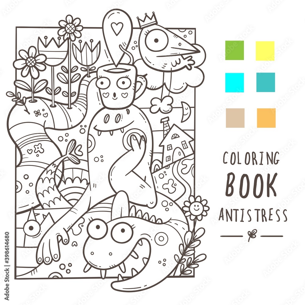 Coloring book antistress with funny creatures. Doodle print with dragon, monster and cups. Line art poster.