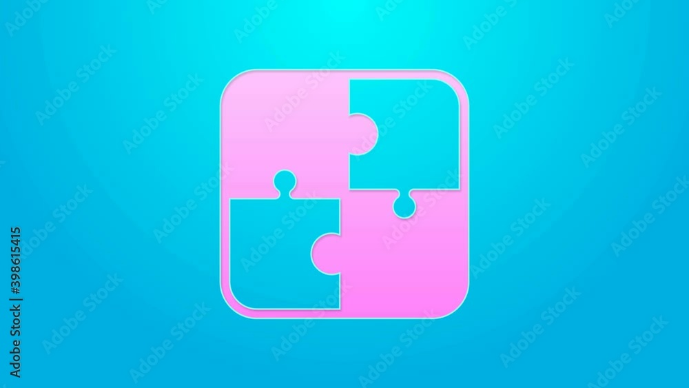 Pink line Puzzle pieces toy icon isolated on blue background. 4K Video motion graphic animation Pink line Puzzle pieces toy icon isolated on blue background. 4K Video motion graphic animation
