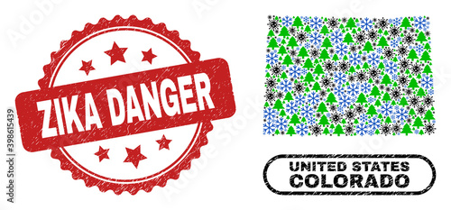 Vector Covid-2019 New Year composition Colorado State map and Zika Danger dirty stamp imitation. Zika Danger imprint uses rosette shape and red color.