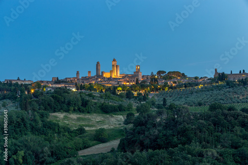 Landscapes of the San Gimignano skyline at blue hour at night, Italy