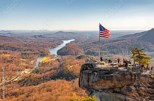 Stampa su tela Chimney Rock at Chimney Rock State Park and Lake Lure, North Carolina,USA in fall season