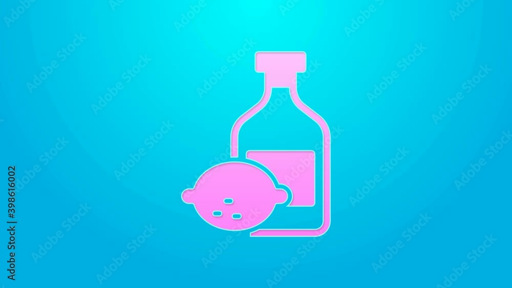 Pink line Limoncello bottle icon isolated on blue background. Bottle of fresh homemade lemonade. 4K Video motion graphic animation Pink line Limoncello bottle icon isolated on blue background. Bottle of fresh homemade lemonade. 4K Video motion graphic animation