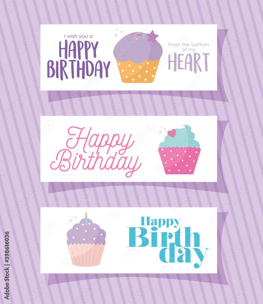 set of card with cupcakes and happy birthdays letterings on a purple background set of card with cupcakes and happy birthdays letterings on a purple background