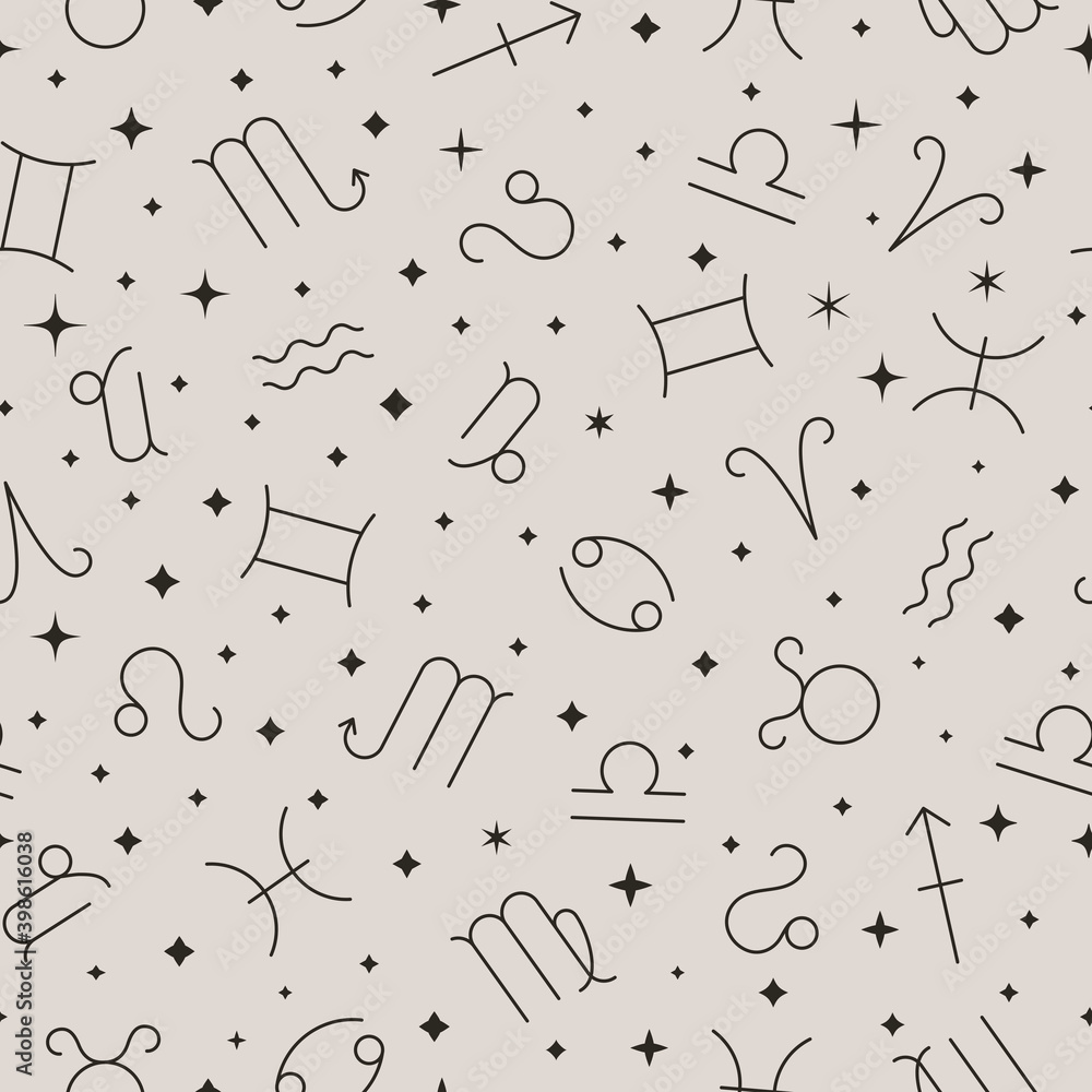 Zodiac signs and Stars Seamless Pattern. Vector Background of Horoscope Symbols - Aries, Taurus, Gemini, Cancer, Leo, Virgo, Libra, Scorpio, Sagittarius, Capricorn Aquarius and Pisces Zodiac signs and Stars Seamless Pattern. Vector Background of Horoscope Symbols - Aries, Taurus, Gemini, Cancer, Leo, Virgo, Libra, Scorpio, Sagittarius, Capricorn Aquarius and Pisces