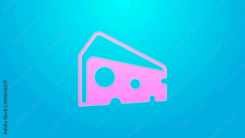 Pink line Cheese icon isolated on blue background. 4K Video motion graphic animation Pink line Cheese icon isolated on blue background. 4K Video motion graphic animation