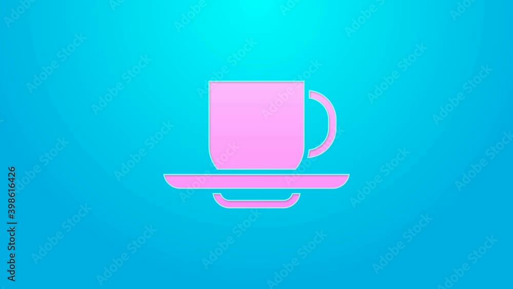 Pink line Coffee cup icon isolated on blue background. Tea cup. Hot drink coffee. 4K Video motion graphic animation Pink line Coffee cup icon isolated on blue background. Tea cup. Hot drink coffee. 4K Video motion graphic animation