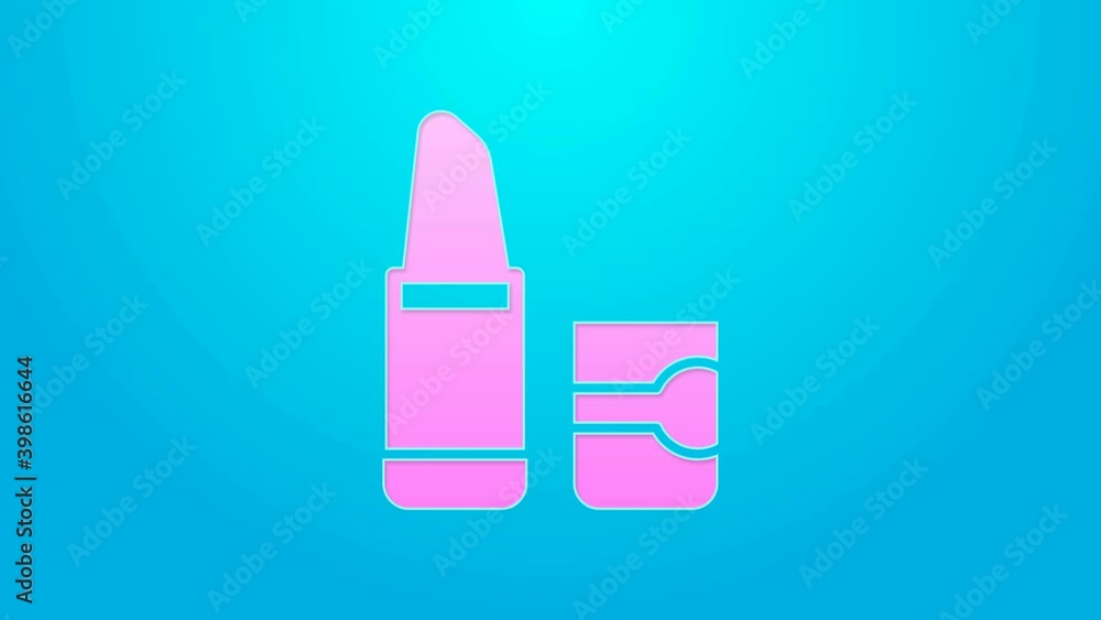 Pink line Lipstick icon isolated on blue background. 4K Video motion graphic animation Pink line Lipstick icon isolated on blue background. 4K Video motion graphic animation
