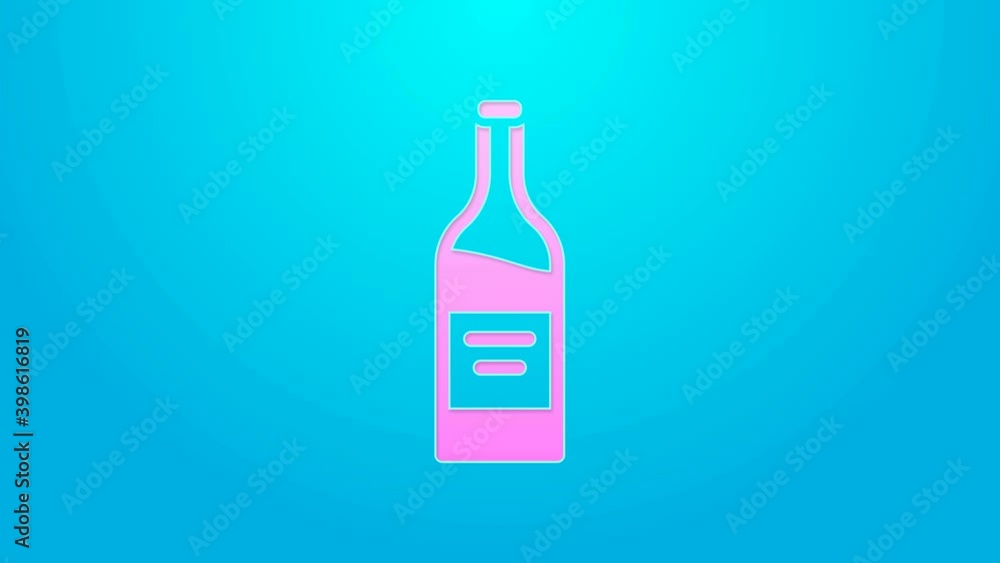 Pink line Bottle of wine icon isolated on blue background. 4K Video motion graphic animation Pink line Bottle of wine icon isolated on blue background. 4K Video motion graphic animation