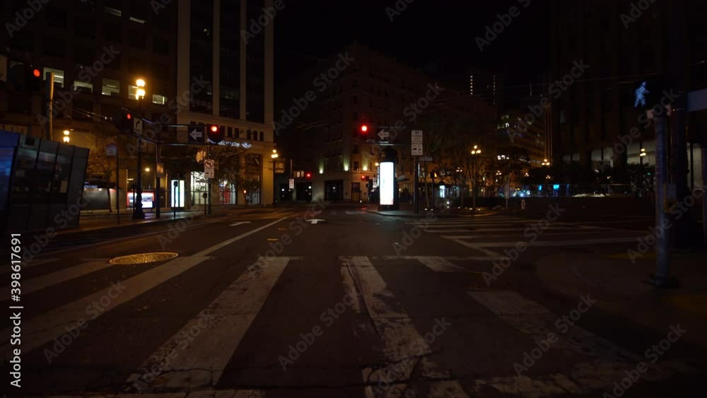 San Francisco Downtown Driving Plate Financial District Montgomery St 05 Stop at Post St at Night California USA San Francisco Downtown Driving Plate Financial District Montgomery St 05 Stop at Post St at Night California USA