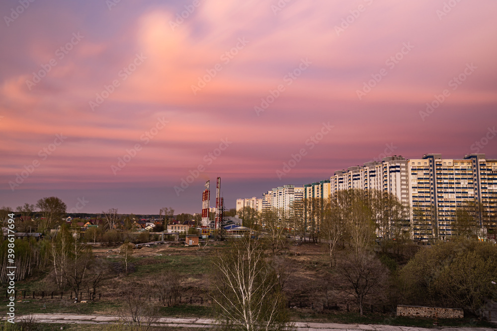 Beautiful pink dawn, feather clouds, Novosibirsk city lands