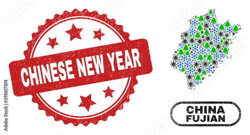 Vector Covid-2019 Christmas mosaic Fujian Province map and Chinese New Year corroded stamp seal. Chinese New Year stamp seal uses rosette shape and red color.