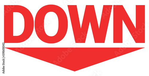 Red lettering logo DOWN on a white background. Down arrow. Decrease vector icon. Color vector illustration