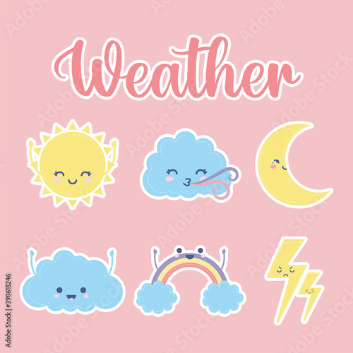 set of weather icons with weather lettering on a pink background