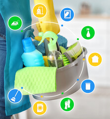 Female janitor with supplies and cleaning service icons