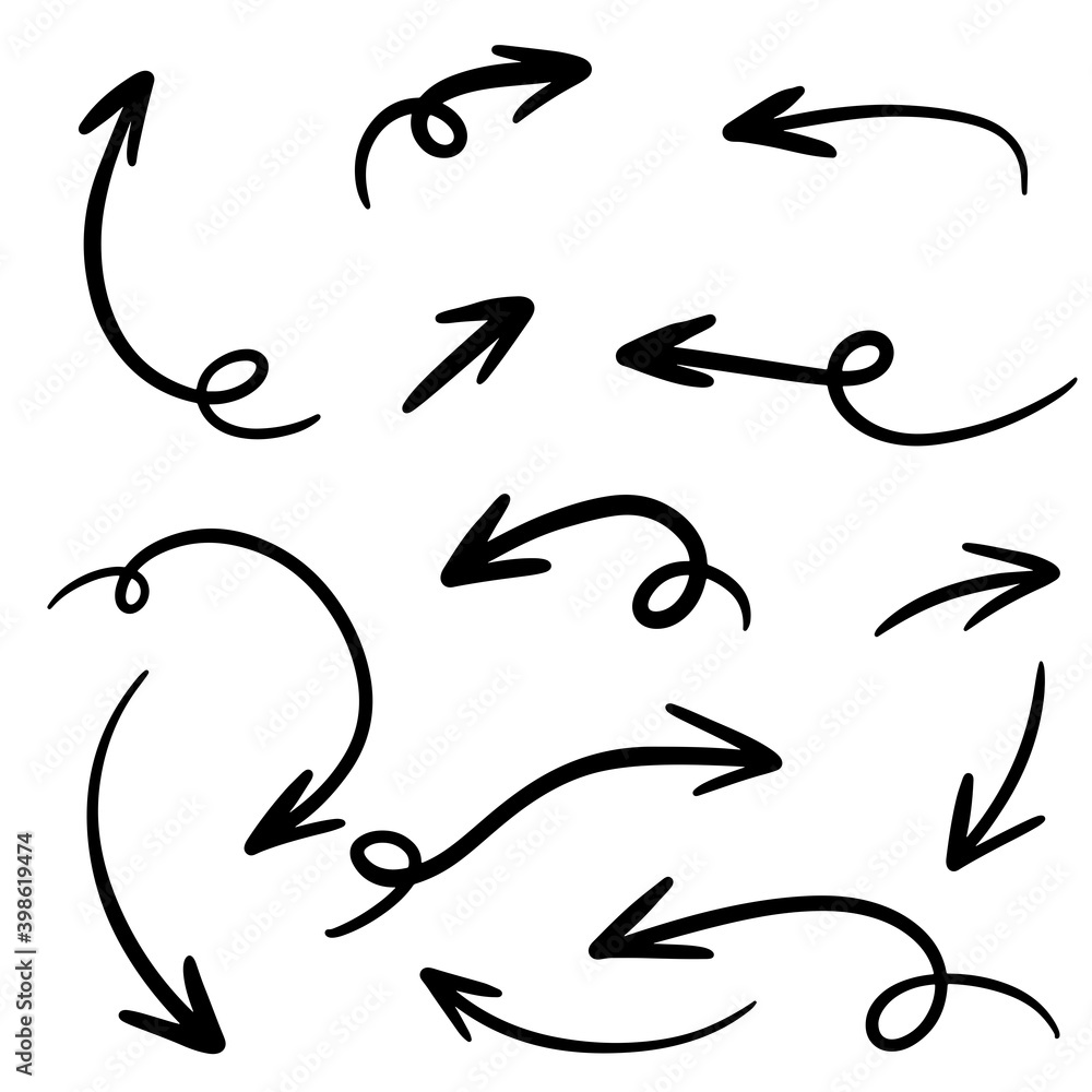 hand drawn arrow icon set isolated on white background. Doodle vector illustration. hand drawn arrow icon set isolated on white background. Doodle vector illustration.
